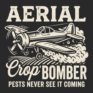 Vintage aerial crop bomber airplane illustration with bold distressed typography for t-shirt design and crafting