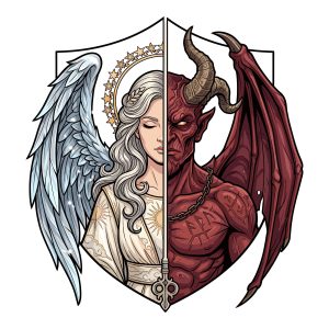 Split face illustration showing half angel and half demon inside a shield