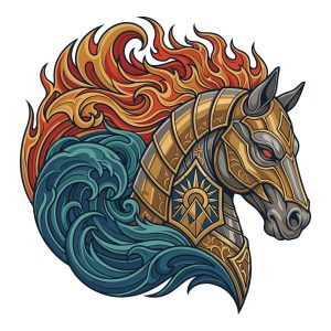 Armored horse profile vector graphic featuring a mane of burning fire and a base of crashing water waves.