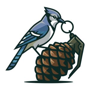 Stylized blue jay bird perched on a pinecone shaped like a hand grenade with a pull ring