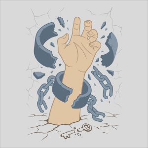 Vector illustration of a hand breaking free from metal chains and shattering a concrete wall.