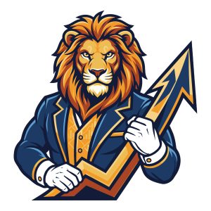 A powerful lion wearing a blue business suit and holding a golden upward-pointing stock market growth arrow vector illustration.