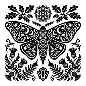 Intricate black and white vector illustration of a mystical celestial moth with moon phases on its wings, surrounded by detailed botanical elements including ferns, acorns, and thistles.