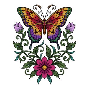 Colorful butterfly with stained glass patterned wings hovering over pink and purple floral vines