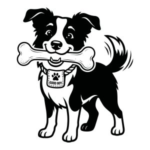 Black and white vector illustration of a cute smiling dog holding a bone in its mouth, wearing a collar with a paw print tag that says Good Boy.