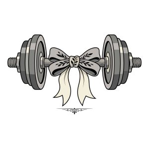 A vector illustration of a gray workout dumbbell tied with a decorative gray and white bow in the center.
