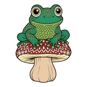 A detailed vector illustration of a cute green frog sitting on a red and white patterned mushroom.