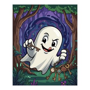 Free Halloween Ghost SVG featuring a cute white ghost smiling and holding a ring of vintage keys in a spooky, enchanted dark forest.