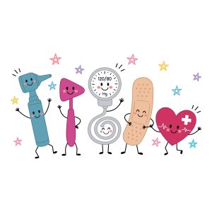 Cute kawaii style cartoon medical tools illustration featuring a smiling otoscope, reflex hammer, blood pressure gauge, bandage, and a heart with a cross.
