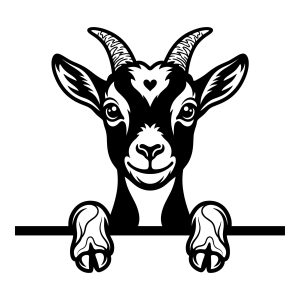 Black and white illustration of a cute peeking goat looking over a line border.