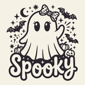 Cute spooky ghost with a bow surrounded by bats, pumpkins, and stars Halloween SVG free vector cut file