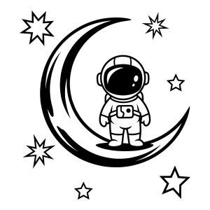 Black and white outline illustration of a cute astronaut standing on a crescent moon surrounded by stars.