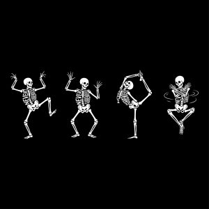 Four white skeleton figures in dancing and yoga poses with the text NEVER SURRENDER on their ribcages against a black background.