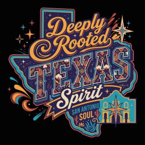 Deeply Rooted Texas Spirit San Antonio Soul vintage typography vector illustration with floral patterns and the Alamo