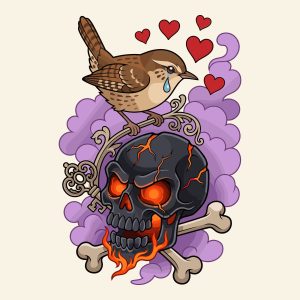 Neo traditional tattoo style illustration of a flaming skull with crossbones a skeleton key and a crying bird surrounded by red hearts and purple smoke