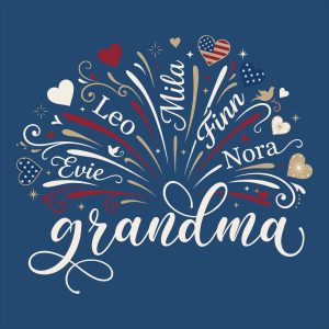 Free 4th of July Grandma fireworks SVG design with red, white, and blue patriotic elements and space for custom grandchildren names.