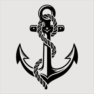 Black and white vector illustration of a classic boat anchor wrapped in a thick rope.