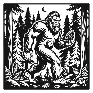 Black and white vector illustration of Bigfoot walking in a pine forest under a crescent moon holding a pinecone.