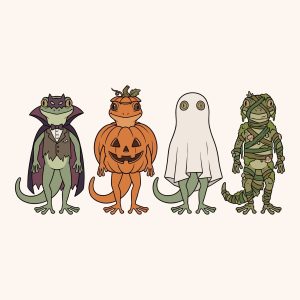 Free Halloween Lizard SVG bundle featuring four cute cartoon geckos dressed as a vampire, a pumpkin, a ghost, and a mummy.