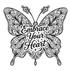 Free Butterfly SVG showing black and white intricate line art filled with floral patterns and the quote Embrace Your Heart.