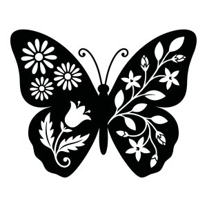 Black silhouette of a butterfly with intricate white floral and leaf cutout patterns on its wings.