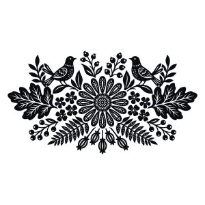 Black and white symmetrical folk art illustration featuring two birds, a central blooming flower, leaves, and berries.