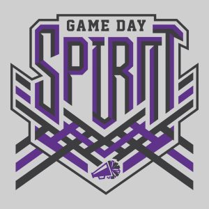 Bold Game Day Spirit typographic vector design featuring a cheerleader megaphone with purple and dark grey geometric lines.