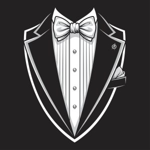 Classic black and white tuxedo jacket with a bow tie and pocket square vector illustration