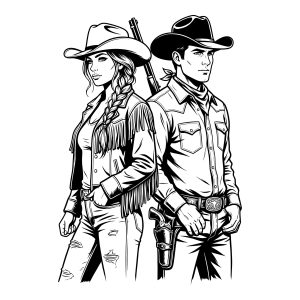 Black and white Western couple SVG line art vector illustration featuring a traditional cowboy and cowgirl.