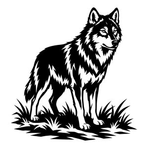 black and white majestic wolf standing in grass vector silhouette illustration for crafting and cutting.