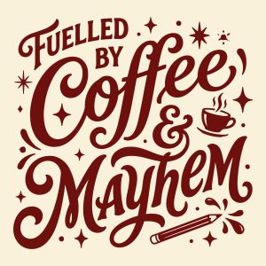 Fuelled by Coffee and Mayhem typography design featuring a coffee cup and pencil, available as a free SVG cut file for crafters.