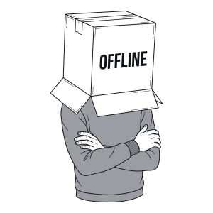 A minimalist line art illustration of a person standing with crossed arms, wearing a cardboard box on their head that says OFFLINE.
