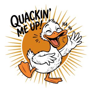 A cheerful cartoon bird laughing enthusiastically representing a funny duck svg with text displayed over a vibrant retro sunburst background