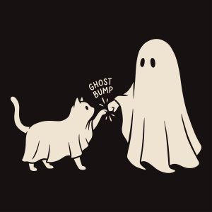 Cute illustration of a ghost giving a fist bump to a cat wearing a ghost sheet with the text Ghost Bump, available as a free Halloween SVG cut file.