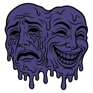 Illustration of dripping purple comedy and tragedy theater masks
