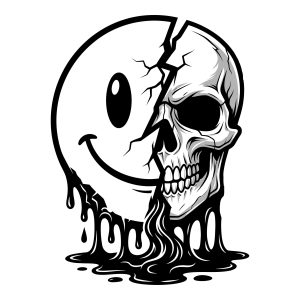 Black and white vector illustration of a split face featuring a melting smiley face on the left and a dripping anatomical skull on the right.