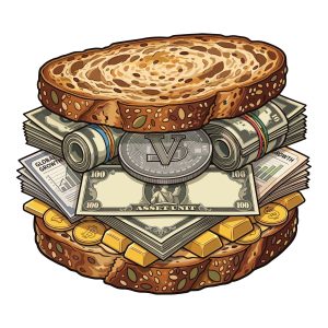 A detailed vector illustration of a sandwich filled with dollar bills, gold bars, cryptocurrency coins, and financial growth charts.