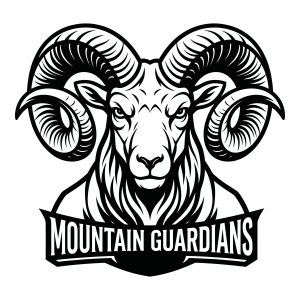 Black and white Mountain Guardians ram head vector illustration with large curved horns.