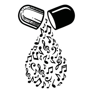 Open capsule pill with musical notes pouring out in a droplet shape, black and white vector SVG