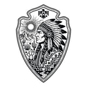 Black and white line art vector illustration of a Native American chief in a feather headdress inside an arrowhead shape, featuring a desert and mountain background.
