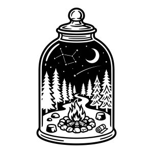 Black and white vector line art of a night forest camping scene with a campfire, pine trees, and stars inside a glass jar.