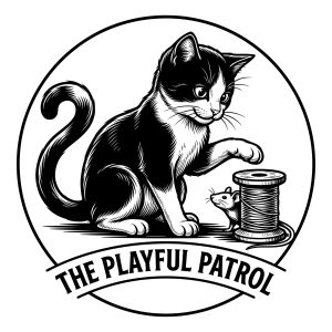 Vintage line art Cat and Mouse SVG featuring a playful kitten, a spool of thread, and a small mouse.
