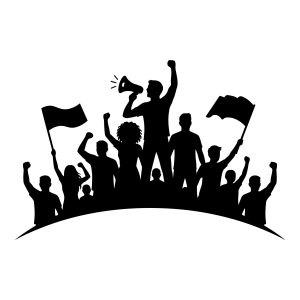 Silhouette of a protesting crowd raising fists, waving flags, and shouting into a megaphone.