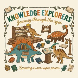 Cute reading dinosaur vector illustration featuring dinosaurs with books, a lending library, and the text Knowledge Explorers Journey through the ages and Learning is our super power.