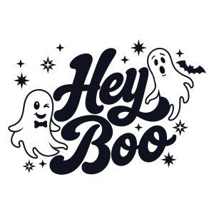 Retro Hey Boo ghost SVG design featuring cute winking and surprised ghosts with stars and a bat for Halloween crafts.