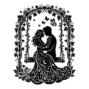 Black and white silhouette vector of a romantic couple sitting on a swing under a floral archway surrounded by butterflies.