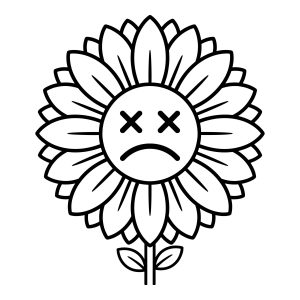 Black and white line art vector of a sad, dead sunflower featuring crossed-out X eyes and a frowning face.