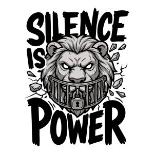 Black and white illustration of a lion with a locked metal cage over its mouth, surrounded by shattered stone and the motivational text Silence is Power.