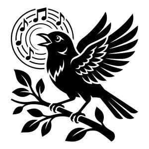Black and white vector illustration of a singing bird perched on a branch with musical notes floating from its beak