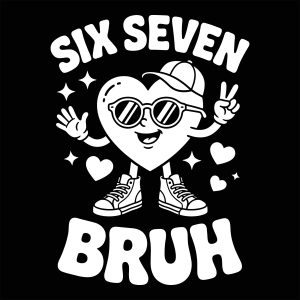 Retro cartoon heart mascot wearing sunglasses and sneakers with the text Six Seven Bruh ready for free vector download